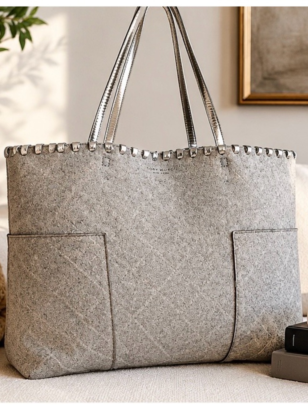 Tory Burch Robinson Tote in Gray Felt w Metallic Handles; Quiet Luxury Work Bag